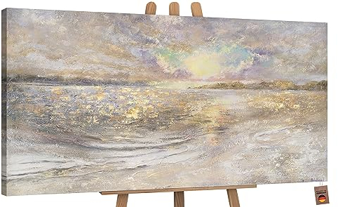 YS-Art Pintura hecha a mano motivo marino Un puerto tranquilo Pintado en acrílico Colores claros con dorado paisaje Motivo marino 100x50 cm