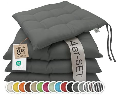 ZOLLNER 4er Set Sitzkissen in 40x40cm - gemütliche Stuhlkissen mit Bindebänder - waschbar bis 30°C - in Graphit - Oeko Tex® Zertifiziert