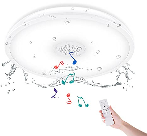 HOREVO Bathroom Ceiling Light Fixture, Waterproof IP65 18W LED Music Ceiling Lamp with Remote Control with Bluetooth Speaker,FCC and UL1598 Certified for Kitchen, Laundry, Hallway. (Need Wired)