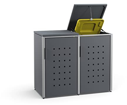 MEISTERBOX – 2er Mülltonnenbox Mülltonnenverkleidung mit Klappdach - 120L - Korpus & Dach Anthrazit/Pfosten Signalgrau