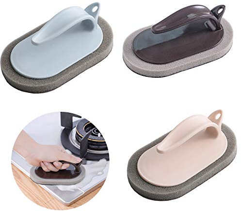 3 Stück Schwamm Reinigungsbürste mit Griff, Schmirgel Schwamm Küchentopf Bürste, Küche Dekontamination Schwamm Bürste, für Badezimmer, Küche, Boden, Wand, Fliesen, Spiegel(Braun, Blau, Pink)