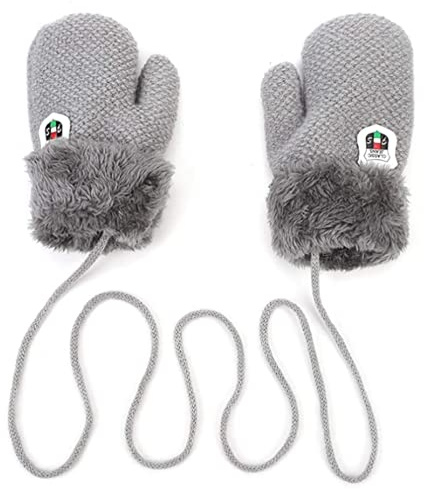 Moufles Enfants Thermique Gants Hiver Automne Epais Mitaines Tricoté Douce Gants avec Corde Epais Plein-Doigts Motif Cartoon Mignon Gloves Ski Snowboard Camping Vélo pour Bébé Garçons Filles 0-3 Ans