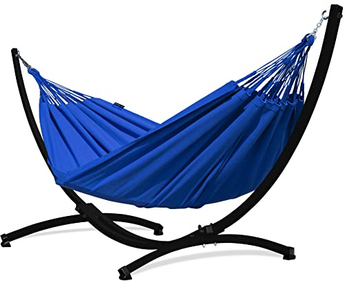 Potenza Outdoor Hängematte mit Gestell für 2 Personen I Merida- Baumwolle Doppelhängematte XXL 220x160, 220kg I Hängemattengestell 220kg, wetterfest (Blau, Gestell Schwarz)