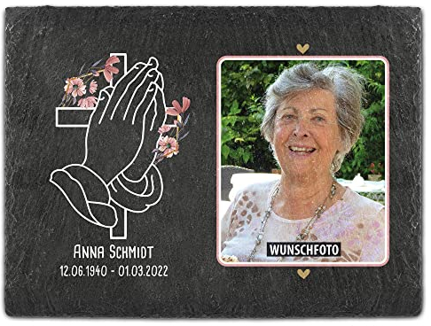 Print Royal Schieferplatte selbst gestalten - Gedenktafel mit Foto, Name & Datum bedrucken - betende Hände - Grabtafel, Grabschmuck | Schiefertafel mit Staffelei, 20x30 cm