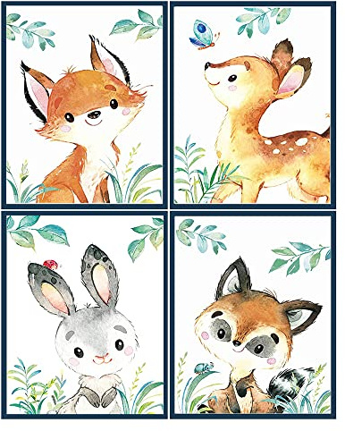 Youihom 4 Dschungel Tiere Bilder Babyzimmer Fuchs Hirsch Kaninchen Waschbär Tierbilder Kinderzimmer Leinwand Kunstdruck Poster Kinder Jungen Geschenk 21 x 30 cm ohne Rahmen
