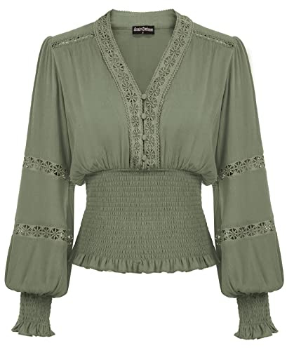 SCARLET DARKNESS Damen Frühling Retro Shirt Gesmokt Taille Spitze Patchwork Renaissance Oberteile Hellgrau Grün XL