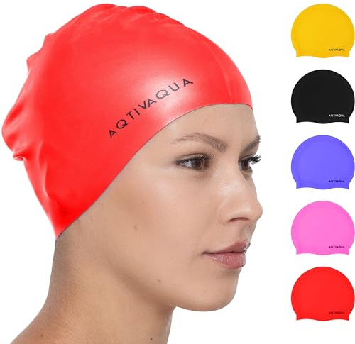 AqtivAqua Badekappe für Damen und Herren, 100% Wasserdicht Silikon Badekappe, für Kinder und Jugendliche geeignet, Dehnbare Schwimmkappe um das Haar Trocken zu Halten (Rot)