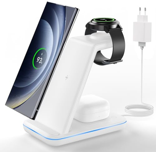 JoyGeek 3 in 1 Induktive Ladestation für Samsung, Wireless Charger für Samsung S26/S25/S24/S23/S22/ZFlip/Fold, Induktionsladegerät für Galaxy Watch Ultra/8-4, Kabelloses Ladegerät für Galaxy Buds-Weiß