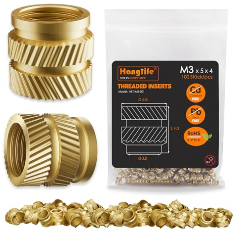 HANGLIFE Threaded Inserts for Plastic, M3 Heat Set Insert for 3D Printing Components and Plastic Parts - Brass Metric Knurled Nuts (100 Pieces)
