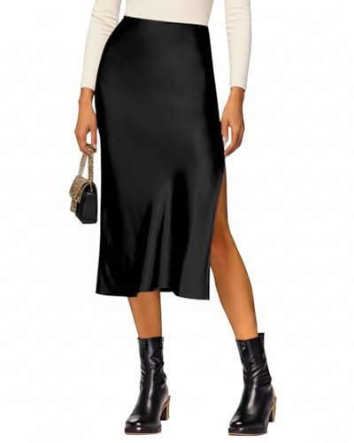 VividHarbor Falda Midi de satén de Cintura Alta, Cintura elástica, Abertura Lateral, Acampanada, Faldas Casuales de Boda para Mujer, Negro -, S