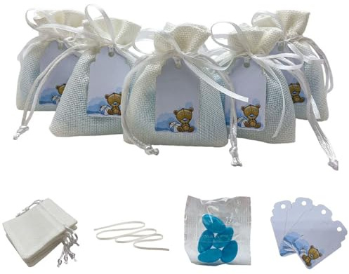 Doni Bomboniere Set de 12 Bolsas de Yute Blancas, 12 Bolsas de Yute Blancas, 12 Etiquetas con Osito Celeste, 12 Bolsitas MAXTRIS Celeste Chocolate Party Gadget,Sets para Bebés