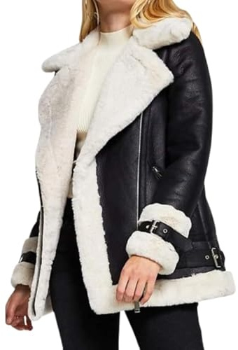 Women’s B3 RAF Aviator Pilot Flying Bomber Faux Fur Coat Lambskin Real Leather Jacket Black (US, Alpha, Large, Regular, Regular, Black)