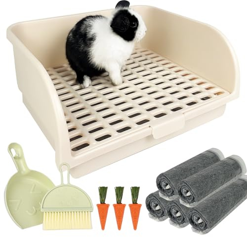 Yuoaes Rabbit Litter Box for Cage with Grate, Large Rabbit Litter Pan for Bunny, Ferret, Guinea Pig, Chinchilla, Easy Clean Small Animal Potty Tray for Toilet Training (Cream)