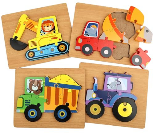 4 Stück Holzpuzzle Holzspielzeug Kinder, Steckpuzzle Montessori Spielzeug, Holz Puzzle Lernspielzeug, Babyspielzeug Geschenk Mädchen und Jungen Kinder ab 2 - Fahrzeug Stil