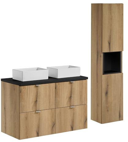 Lomadox Badezimmer Badmöbel Set 2-teilig, 100cm Doppelwaschtisch, in Eiche und schwarz, geringe Tiefe (40cm)