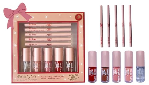 Holler And Glow Get Set Gloss Lip Liner and Lip Gloss Gift Set, Limited Edition, Nude, Pink, Berry Shades, Shiny, Plumping, High Shine, Long Wearing Lip Stain & Tint, For Women & Teens, 10 Piece Set