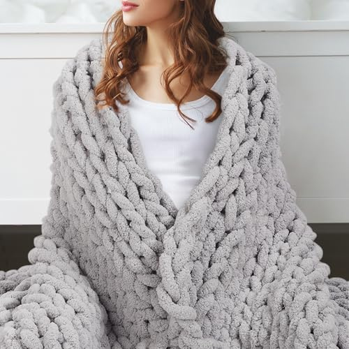 Gugxiom Chunky Knit Blanket, 127 x 152 cm Chenille Gestrickt Decke, wArm & Gemütlich, Hand Strickdecke, Grob Gestrickte Decke für Couch Bett(Hellgrau)
