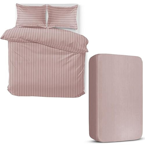MOONLIGHT20015 4 Piece King Bedding Set Satin Stripes Duvet Cover Fitted Sheet with Pillow cases Hotel Quality Soft Brushed Microfiber Peach