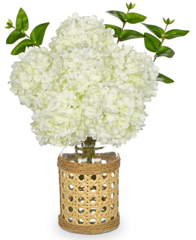 Oairse Kunstblumen Hortensien Kunstblumen mit 6 Hortensien in Glasvase Künstliche Hortensienblüten Künstliche Blumen wie echte Hortensien für Hochzeit, Zuhause, Hotel, Party, Blumenarrangement, Weiß