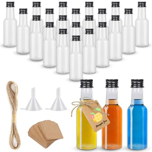 Fizdoqg 24 set små flaskor för att fylla 50 ml likörflaskor spritflaskor miniflaskor tomma flaskor med 2 tratt och 24 hängen för bröllop, fest, konst, juice, whisky