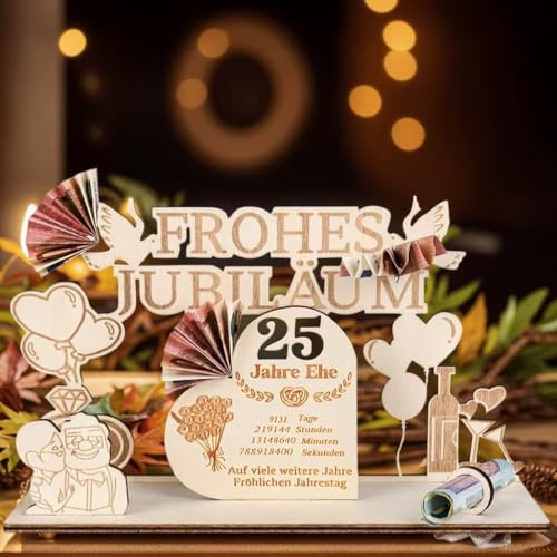 MINISONA Holz Geldgeschenk zur Silbernen Hochzeit 25 Jahre Ehe – Personalisierbares Hochzeitsjubiläum Geschenk für Ehepaare,Silberne Hochzeit Geschenk(25)