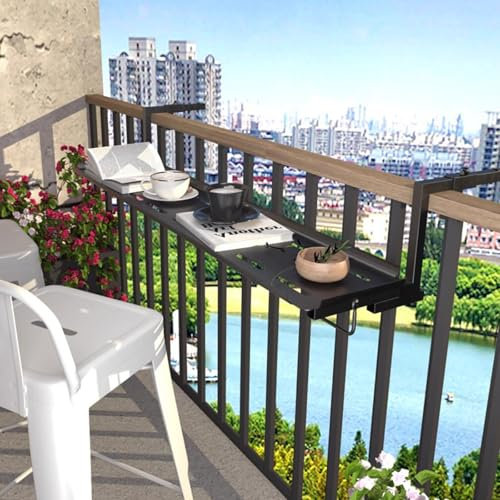 Table de balcon pliante d'extérieur avec hauteur réglable - Noir - 60 cm - Idéale pour le jardin, la terrasse, la terrasse - Économie d'espace - Balustrade de balcon