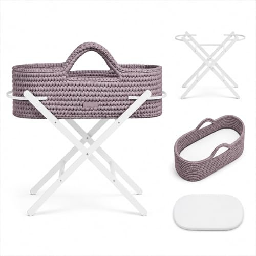 Ickle Bubba Nova Gehäkeltes Babybettchen & Klappständer – Geeignet von der Geburt bis 9 kg, kompakt und leicht, inklusive Plüschmatratze, ideal für Nickerchen zu Hause oder auf Reisen (Tawny/Weiß)