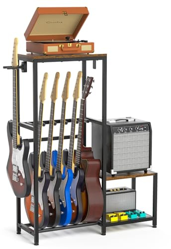 ikkle Guitar Rack for Acoustic, Electric Guitar, Bass, Guitar Accessories | Vinyl Record Multiple Guitar & Amp Holder with Side Table & Record Player Stand for Recording Studio, Band Stage, Home