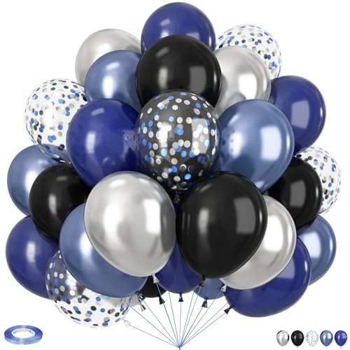 Lot de 60 ballons noirs et bleus de 30,5 cm - Ballons noirs et bleu marine argentés en métal argenté et confettis pour remise de diplôme, anniversaire, mariage, Nouvel An - Décorations de fête sur le