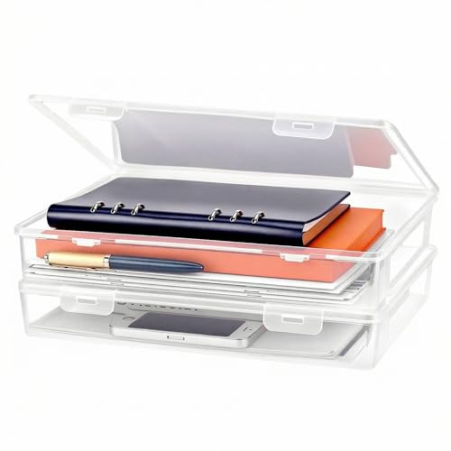 QWORK® Caja de archivos portátil tamaño A4, plástico transparente duradero, 2 piezas, ideal para documentos, revistas, álbumes de recortes, fotos, 31 x 22 x 5 cm