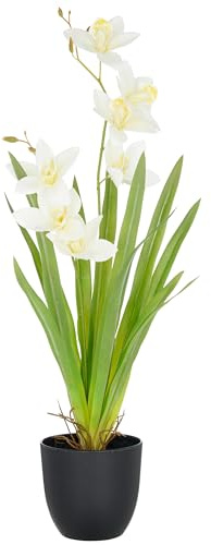 CREATIV green künstliche Orchidee Cymbidium 55cm weiß im Kunststofftopf 11,5x10,5cm I künstliche Orchidee mit weißen Blüten wie echt im Topf I Pflegeleichte & täuschend echte Kunstblumen