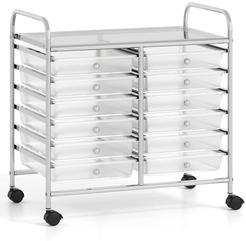 COSTWAY Rollwagen mit 12 stapelbaren Schubladen, Transparent | Rollcontainer mit Metallgestell & Ablagefläche, Badrollwagen Aufbewahrungswagen für Büro und Wohnzimmer, 64 x 38 x 62 cm