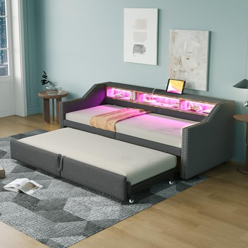 Polsterbett Ausziehbares Tagesbett 90/180x200, Funktionsbett mit LED-Licht&USB-Buchse&Staufach, Einzelbett Doppelbett Schlafsofa Jugendbett Bettgestell mit Lattenrost, Linen, Ohne Matratze, Dunkelgrau