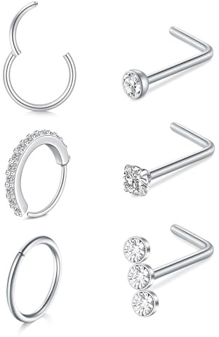LAURITAMI 20G Silver Nose Stud,Stainless Steel Hinged 8mm Nose Rings Hoop L Shaped Studs with CZ Piercing Jewellery Set for Women Men,Pack of 6 Pieces