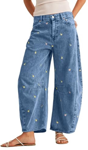 loveimgs Women Boyfriend Baggy Barrel Jeans Mid Rise Wide Leg Jeans Embroidered Denim Ankle Pants Patchwork Sweatpants Y2k (XX-Large,Classic Blue)