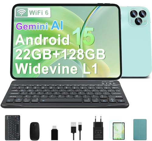 GOODTEL Android 15 Tablet 10.1 Zoll 22 GB RAM + 128 GB ROM (2 TB TF), Octa-Core, WiFi 6, Gemini AI,2 GHz, GMS, Widevine L1, 8 MP + 5 MP, Typ C, OTG, Cast, Tablet-PC mit Hülle, Tastatur und Maus -Grün