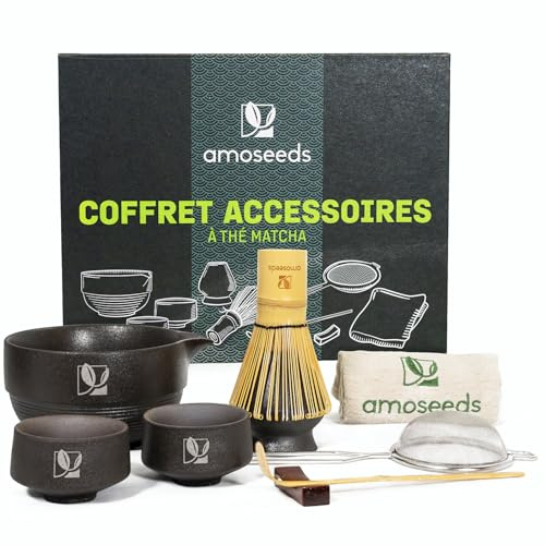 Kit Matcha Complet | 9 pièce dont Bol, Tasses, Tamis, Fouet | Livret OFFERT | Coffret traditionnel Japonais | Idée cadeau | Matériaux de Qualité Supérieure (bambou, céramique)
