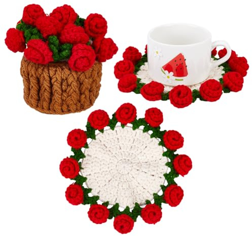 CRAFTYMELODY Set di sottobicchieri fatti a mano all'uncinetto con fiori in filato di lana con cesto di fiori all'uncinetto a mano, sottobicchieri decorativi divertenti