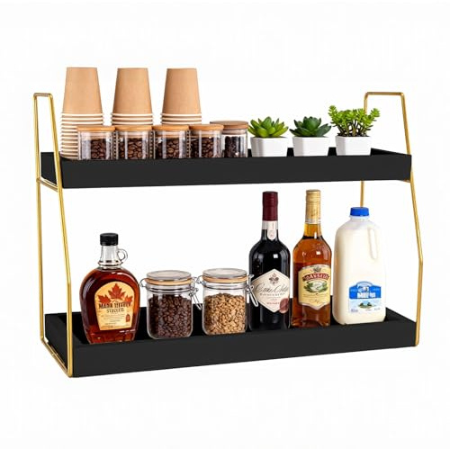 HYEPNED Coffee Bar Accessories,Coffee Station Organizer with Multi-Functional,Decor for Bar Accessories,2 Tier Wooden Shelf Gold Metal Station Organizer for Countertop,Syrup (Schwarzes Gold)