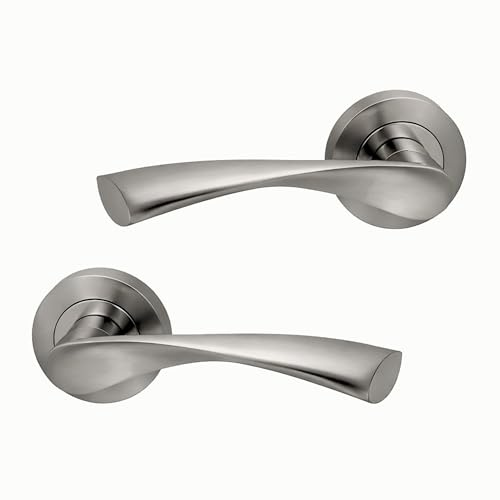 UAP Zeta Internal Door Handles On Round Rose, Satin Nickel Lever Handles for Interior Wooden Doors, Keyless Pair