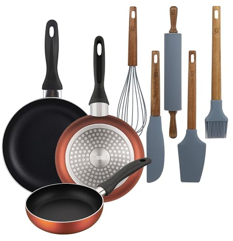 Well Home Set di 3 padelle Ø16Ø20Ø24cm in alluminio pressato in rame metallizzato+Set di 5 utensili da cucina in silicone e legno di acacia