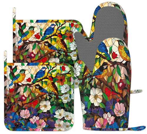 Oven Mitts and Pot Holders Sets of 4, Stained Glass Hummingbird Silicone Oven Gloves Heat Resistant, Non-Slip BBQ Gloves for Kitchen Cooking Baking Grilling Microwave