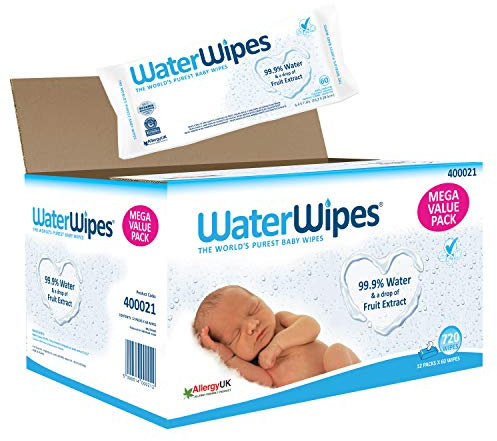 WaterWipes Baby Wipes, 99.9% Water, Unscented, Sensitive, Newborn Skin, 720 Wet Wipes (12 Packs of 60 Wipes)
