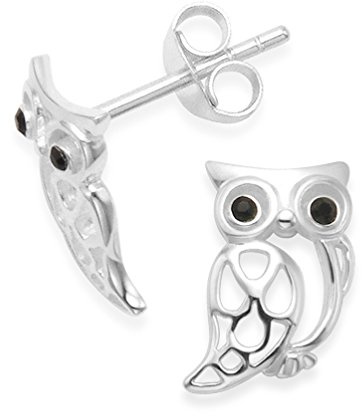 Heather Needham Sterling Silver Owl Earrings with black Cubic Zirconia eyes - SIZE: 10mm. Gift Boxed. 5239/HNbox