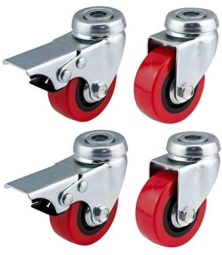 Bulldog Castors. Ruedas giratorias de poliuretano con frenos, de 50 mm, rojas, resistentes, para muebles, aparatos y equipos. Máx. 150 kg por juego