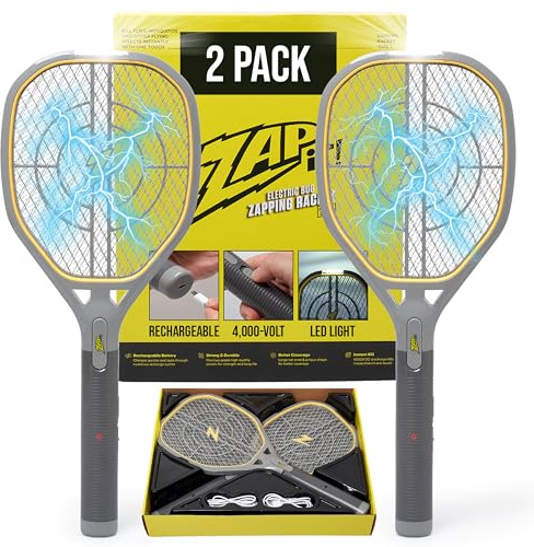 ZAP iT! 4,000 Volt Electric Handheld Bug Zapper Swatter - USB Rechargeable Indoor Safe Mosquito & Fly Killer - 2 Pack (Large, Yellow)
