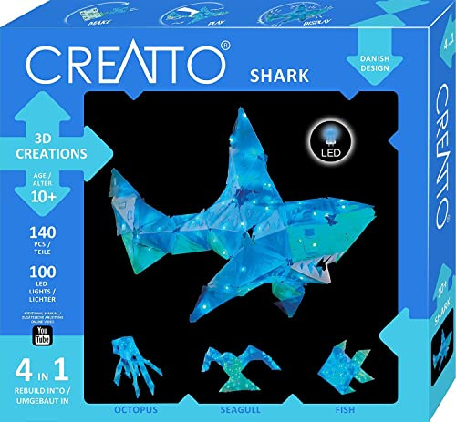 Thames & Kosmos 3522 CREATTO Hai, 3D-Leuchtfiguren entwerfen, 3D-Puzzle-Set für Hai, Tintenfisch, Möwe, Fisch, kreative Zimmer-Deko, 140 Steckteile, 100-tlg LED-Lichterkette