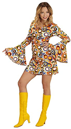 W WIDMANN MILANO Party Fashion - 70er Jahre Kleid Damen | Groovy-Style mit Kreismuster & Trompetenärmeln, Kostüm für Karneval, Festival & Mottoparty