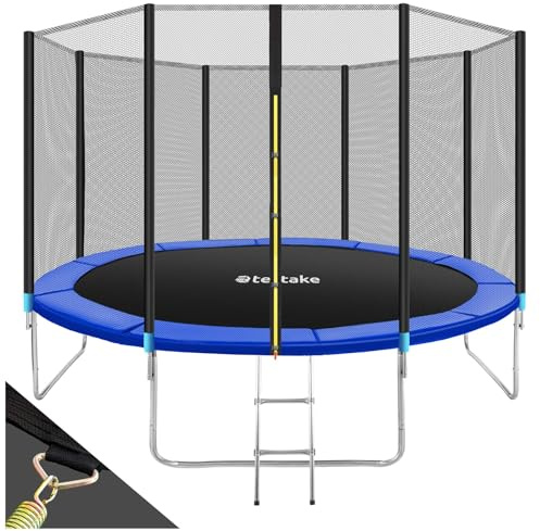 tectake® Studsmatta med skyddsnät, stege & kantskydd - utomhus/inomhus studsmatta för barn & vuxna, starka stålfjädrar, vadderade nätstolpar, enkel montering - 366 cm