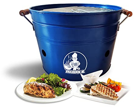 Vikkieerin - Barbecue de table au charbon de bois - Grand barbecue rond - Portable - Compact et léger - Style rétro - Bleu - Ø 38 cm